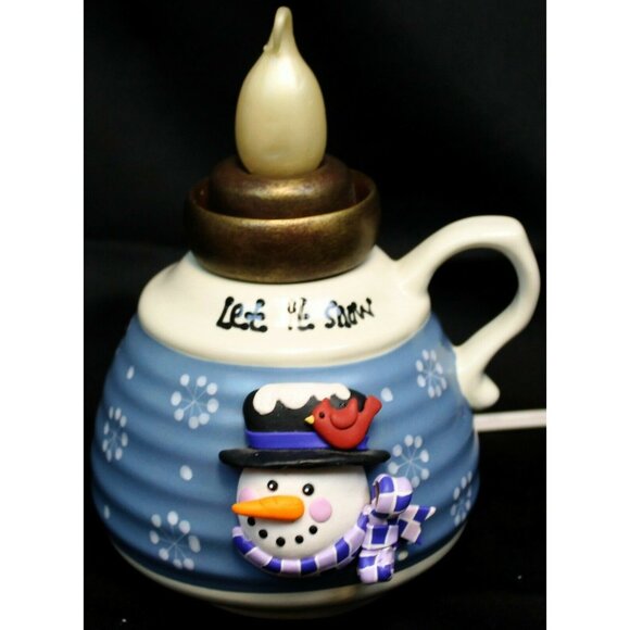 Blue Let it Snow Candle Lamp Snowman Face Snowflakes Handle Jug Winter Xmas - Picture 2 of 12